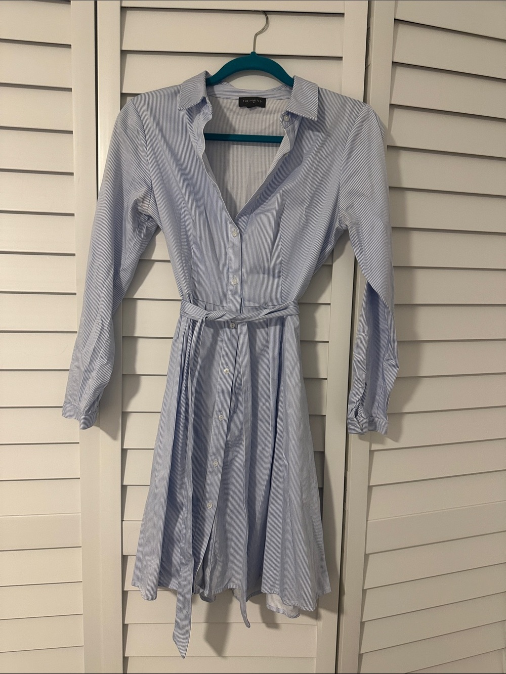 The Limited Light Blue Pinstripe Shirt Dress with Waist Tie